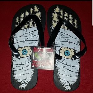 Sourpuss Mummy Monster Flip Flops in Black w Printed Mummified Feet & Eyeballs
